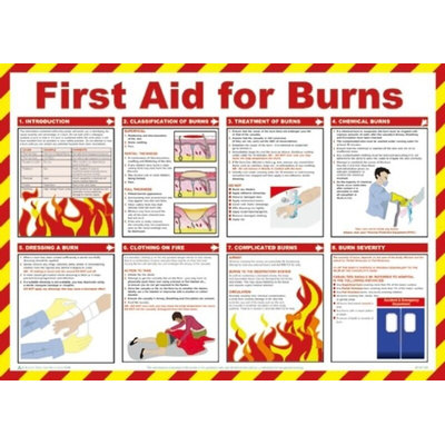 First Aid for Burns Treatment Guidance Safety Poster, Semi Rigid Laminate, English, 420 mm, 590mm