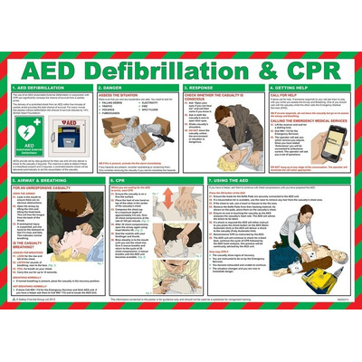 AED Defibrillation and CPR Safety Poster, Semi Rigid Laminate, English, 420 mm, 590mm
