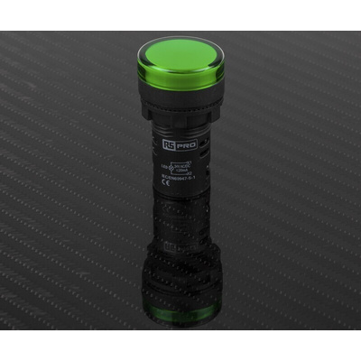 RS PRO, Panel Mount Green LED Pilot Light, 22mm Cutout, IP65, Round, 24V ac/dc