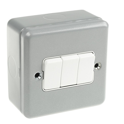 MK Electric Silver Metal Clad Switch, 2 Way, 3 Gang, Metalclad