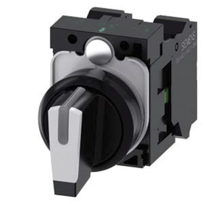 Siemens Short Black Handle Selector Switch - (SPDT) 22mm Cutout Diameter, Illuminated 3 Positions