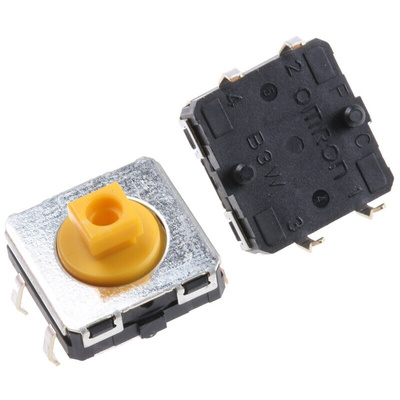 IP67 Yellow Plunger Tactile Switch, SPST 50 mA @ 24 V dc 3.75mm Through Hole