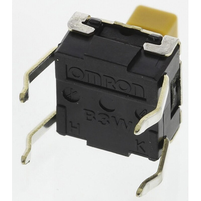 Yellow Plunger Tactile Switch, SPST 50 mA @ 24 V dc 3.9mm Through Hole
