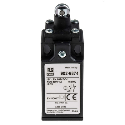 RS PRO Roller Plunger Limit Switch, NO/NC, IP65, DPST, Thermoplastic Housing, 400V ac Max, 10A Max