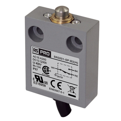 RS PRO Plunger Limit Switch, 1NC/1NO, IP67, SPDT, Zinc Alloy Housing, 240V ac ac Max, 3A Max