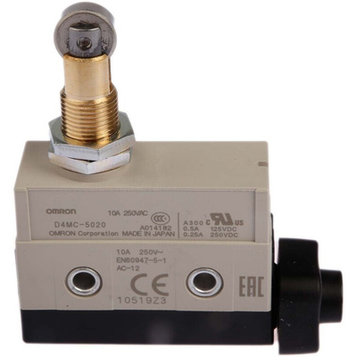 Omron D4MC Series Roller Plunger Limit Switch, NO/NC, IP67, SPDT, 480V ac Max, ac 3 A, dc 250mA Max