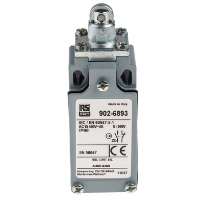 RS PRO Roller Plunger Limit Switch, NO/NC, IP66, DPST, Zinc Alloy Housing, 400V ac Max, 10A Max