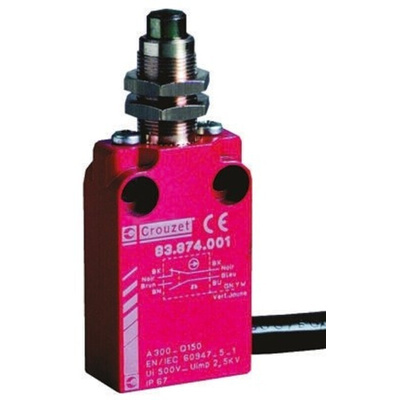 Crouzet Plunger Limit Switch, NO/NC, IP66, IP67, Metal Housing, 30V ac Max, 100mA Max
