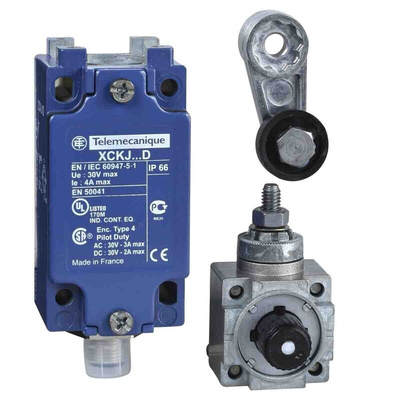 Telemecanique Sensors XCKJ Series Roller Lever Limit Switch, 1NC/1NO, IP66, DPST, Zamak Zinc Alloy Housing, 50V ac Max,