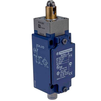 Telemecanique Sensors XCKJ Series Roller Plunger Limit Switch, 1NC/1NO, IP66, DPST, Zamak Zinc Alloy Housing, 50V ac