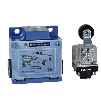 Telemecanique Sensors XCKM Series Roller Lever Limit Switch, 1NC/1NO, IP66, DPST, Zamak Zinc Alloy Housing, 240V ac