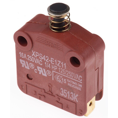 Saia-Burgess Door Micro Switch, Plunger, SPST 16 A @ 250 V ac IP40, -20 → +140°C