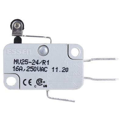 RS PRO Short Roller Lever Micro Switch, Quick Connect Terminal, 16 A @ 250 V ac, SP-CO