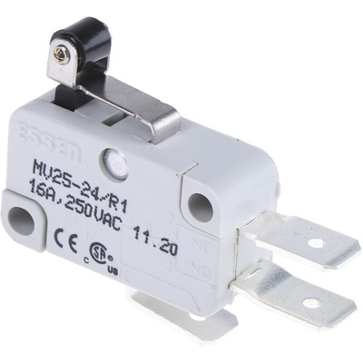RS PRO Short Roller Lever Micro Switch, Quick Connect Terminal, 16 A @ 250 V ac, SP-CO