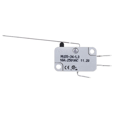 RS PRO Long Straight Lever Micro Switch, Quick Connect Terminal, 16 A @ 250 V ac, SP-CO