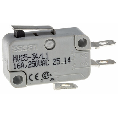 RS PRO Short Lever Micro Switch, Quick Connect Terminal, 16 A @ 250 V ac, SP-CO