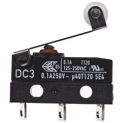 ZF Short Roller Lever Micro Switch, Solder Terminal, 100 mA @ 30 V dc, SPDT, IP6K7