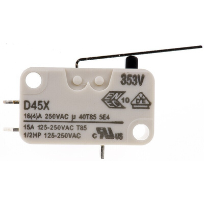 ZF Short Lever Micro Switch, Solder Terminal, 16 A @ 250 V ac, SPDT
