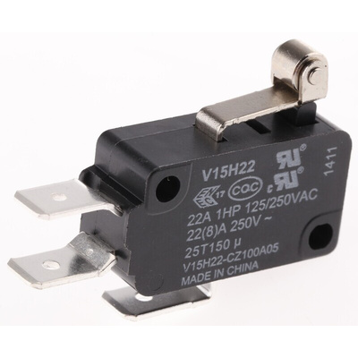 Honeywell Short Roller Lever Micro Switch, Quick Connect Terminal, 22 A @ 250 V ac, SPDT, IP67