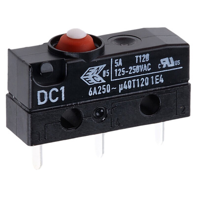 ZF Button Micro Switch, PCB Terminal, 6 A @ 250 V ac, SPDT, IP6K7