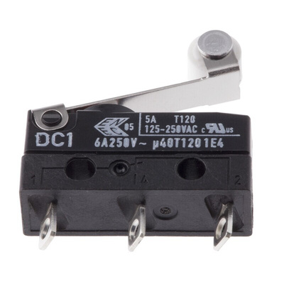 ZF Short Roller Lever Micro Switch, Solder Terminal, 6 A @ 250 V ac, SPDT, IP6K7
