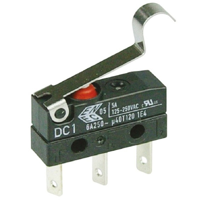 ZF Simulated Roller Lever Micro Switch, Tab Terminal, 6 A @ 250 V ac, SPDT, IP6K7