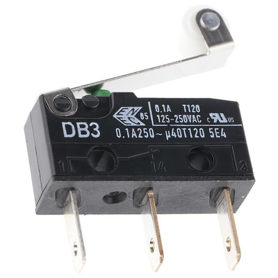 ZF Roller Lever Micro Switch, Tab Terminal, 100 mA @ 30 V dc, SPDT