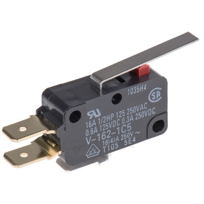 Omron Long Hinge Lever Micro Switch, Tab Terminal, 16 A @ 250 V ac, SPDT, IP40