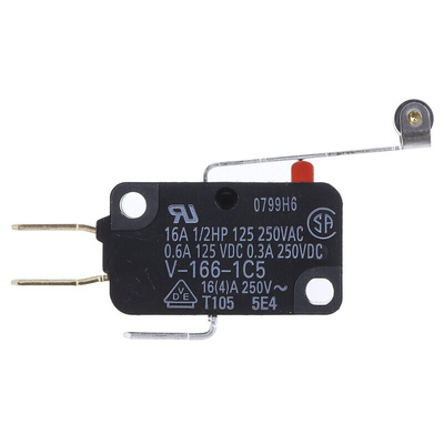 Omron Long Roller Lever Micro Switch, Tab Terminal, 16 A @ 250 V ac, SP-CO, IP40