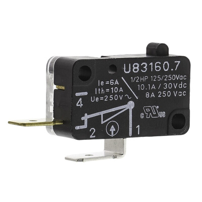 Crouzet Plunger Micro Switch, Tab Terminal, 6 A @ 250 V ac, SPST