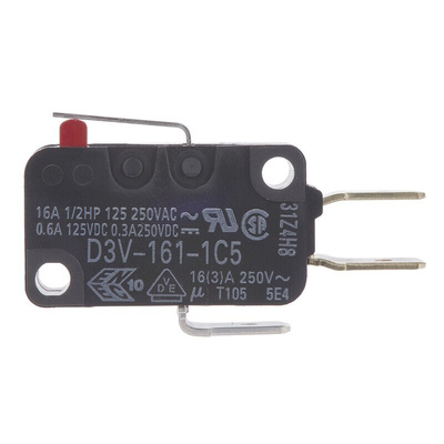 Omron Short Hinge Lever Micro Switch, Tab Terminal, 16 A @ 250 V ac, SPDT, IP40