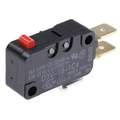 Omron Pin Plunger Micro Switch, Tab Terminal, 16 A @ 250 V ac, SPDT, IP40