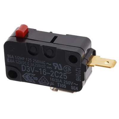 Omron Pin Plunger Micro Switch, Tab Terminal, 16 A @ 250 V ac, SPST, IP40