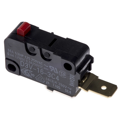 Omron Pin Plunger Micro Switch, Tab Terminal, 16 A @ 250 V ac, SPST, IP40