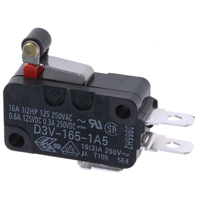 Omron Short Roller Lever Micro Switch, Solder, Tab Terminal, 16 A @ 250 V ac, SPDT, IP40