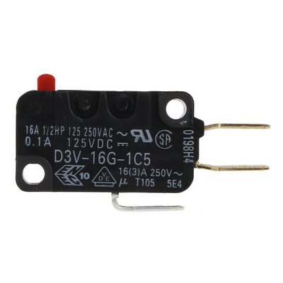 Omron Pin Plunger Micro Switch, Tab Terminal, 16 A @ 250 V ac, SPDT, IP40
