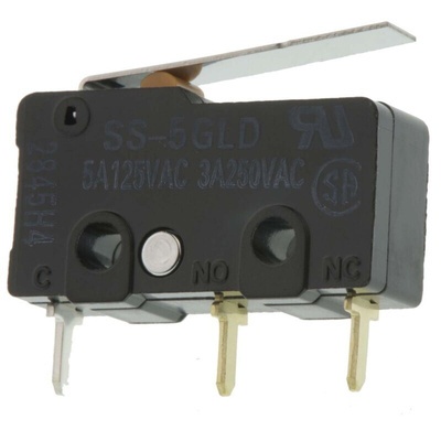 Omron Hinge Lever Micro Switch, Through Hole Terminal, 5 A @ 125 V ac, SPDT, IP40