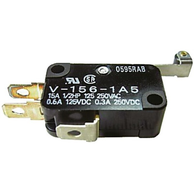 Omron Roller Lever Micro Switch, Tab Terminal, 5 A @ 250 V ac, SPDT, IP40