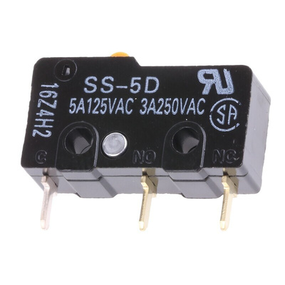Omron Pin Plunger Micro Switch, Through Hole Terminal, 5 A @ 125 V ac, SPDT, IP40