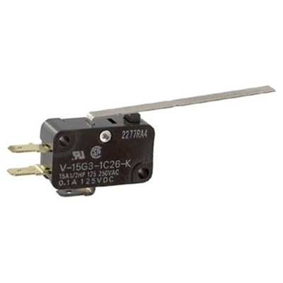 Omron Long Hinge Lever Micro Switch, Quick Connect Terminal, 15 A @ 250 V ac, SP-CO, IP40
