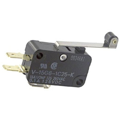 Omron Hinge Roller Lever Micro Switch, Quick Connect Terminal, 15 A @ 250 V ac, SP-CO, IP40