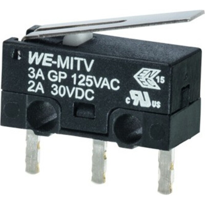 Wurth Elektronik Lever Micro Switch, Through Hole Terminal, 3 A, SP-CO