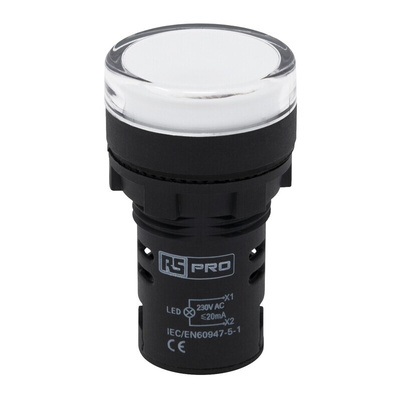 RS PRO, Panel Mount White LED Pilot Light, 22mm Cutout, IP65, Round, 230V ac