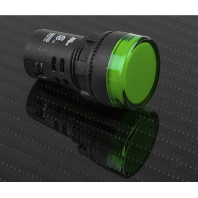 RS PRO, Panel Mount Green LED Pilot Light, 22mm Cutout, IP65, Round, 230V ac