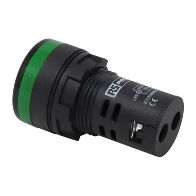 RS PRO, Panel Mount Green LED Pilot Light, 22mm Cutout, IP65, Round, 12V ac/dc