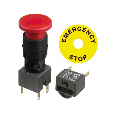 APEM A01ES Series Twist Release Emergency Stop Push Button, Panel Mount, 16mm Cutout, 2NC, IP65