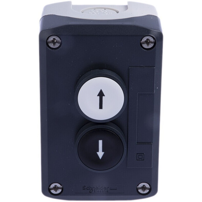 Schneider Electric Spring Return Enclosed Push Button, Polycarbonate, 1 Cutouts, Black/White, Down Arrow, Up Arrow,