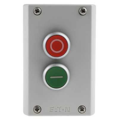 Eaton Momentary Enclosed Push Button - 2NO/2NC, Plastic, 2 Cutouts, Red/Green, O/I, IP67