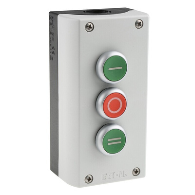 Eaton Momentary Enclosed Push Button - 3NO/3NC, Plastic, 3 Cutouts, Green/Red/Green, I/O/II, IP69K