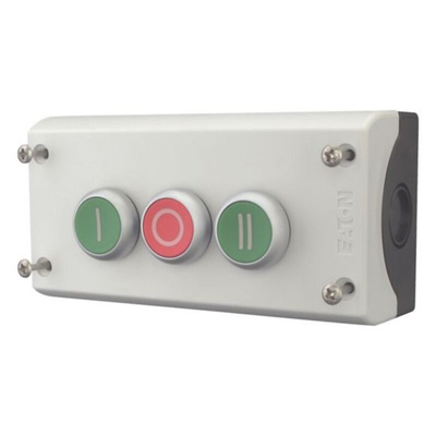 Eaton Momentary Enclosed Push Button - 3NO/3NC, Plastic, 3 Cutouts, Green/Red/Green, I/O/II, IP69K